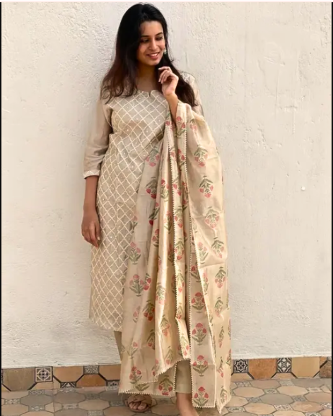 Women's Beige Printed Cotton Kurta Set with Elegant Floral Dupatta