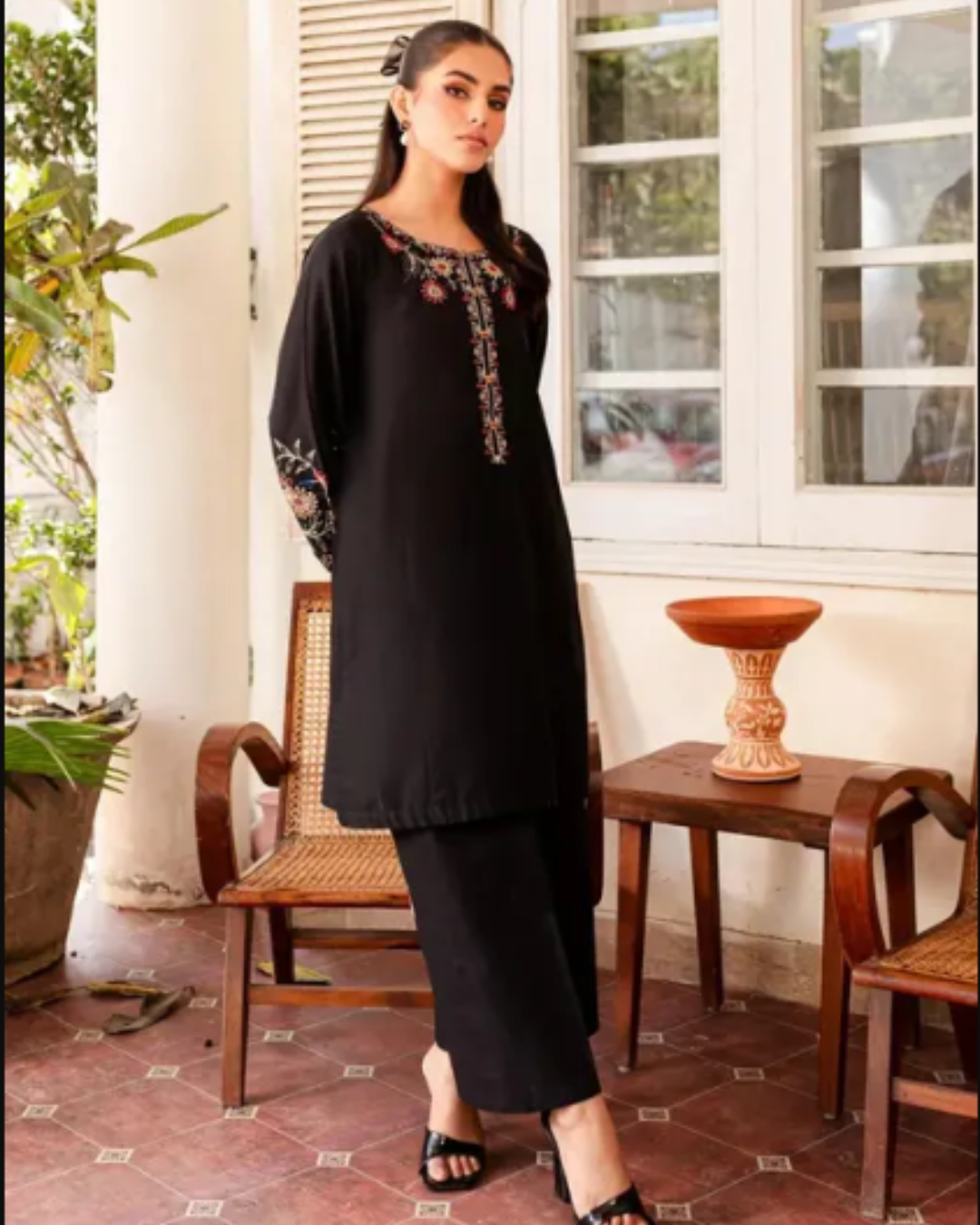 Women's Black Embroidered Rayon Co-ord Set