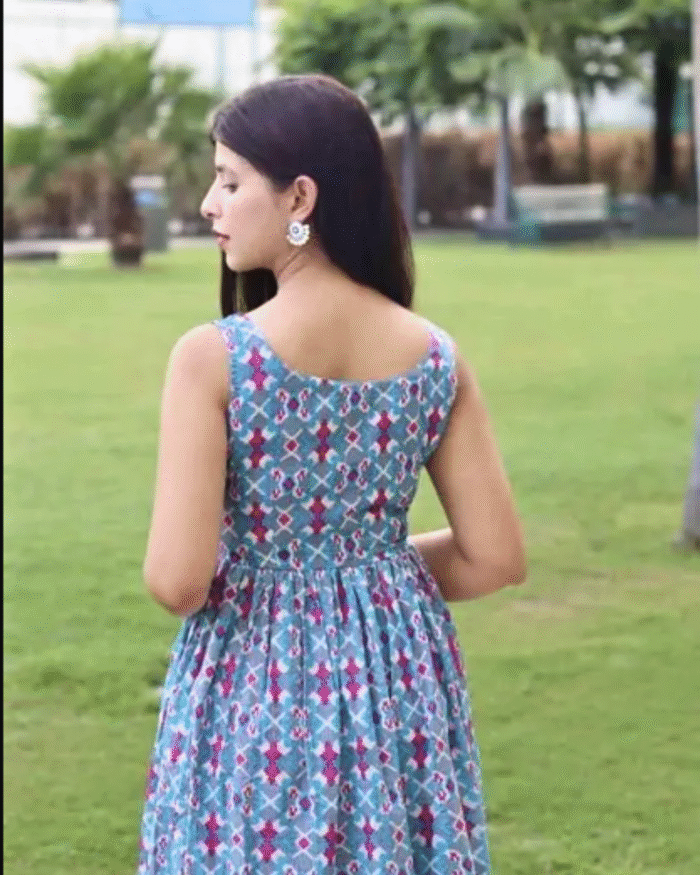 Women's Blue Printed Sleeveless Cotton Gown – Maxi Dress
