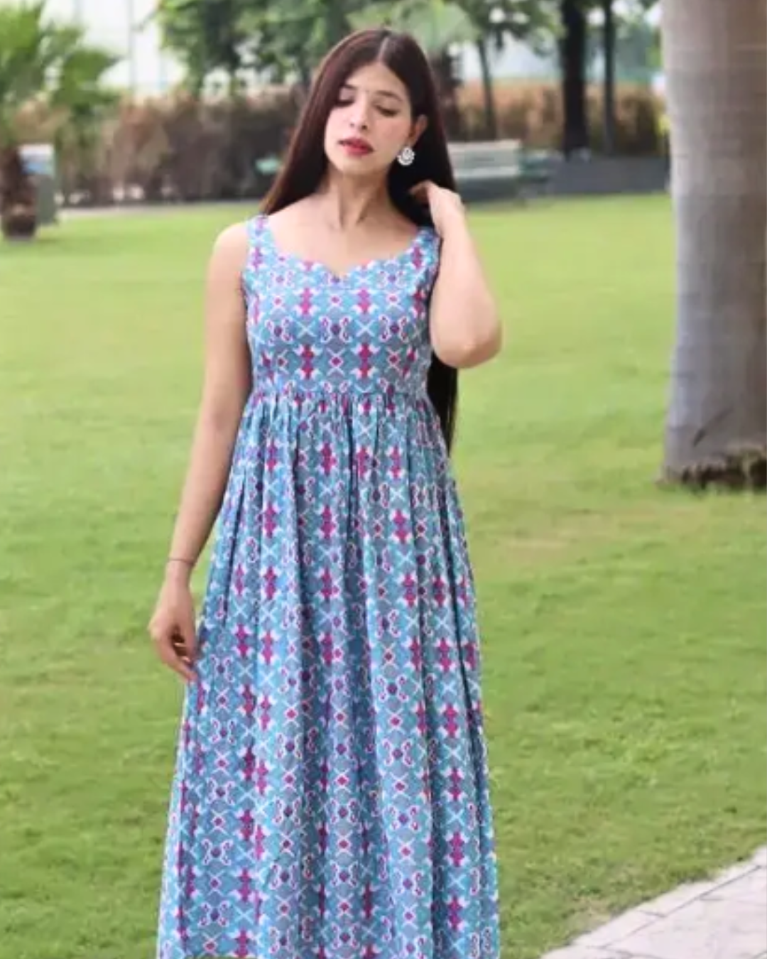 Women's Blue Printed Sleeveless Cotton Gown – Maxi Dress