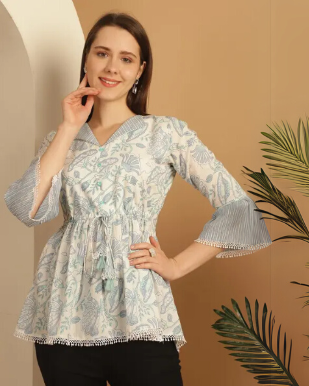 Women's Blue Floral Printed Cotton Flared Sleeve Short Kurti