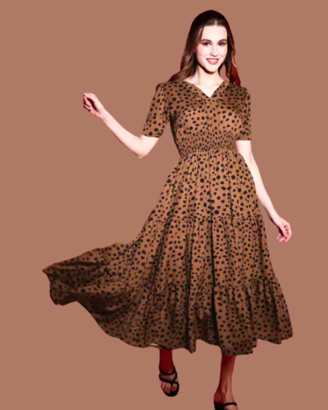 Women's Brown Polka Dot Printed Flared Rayon Gown