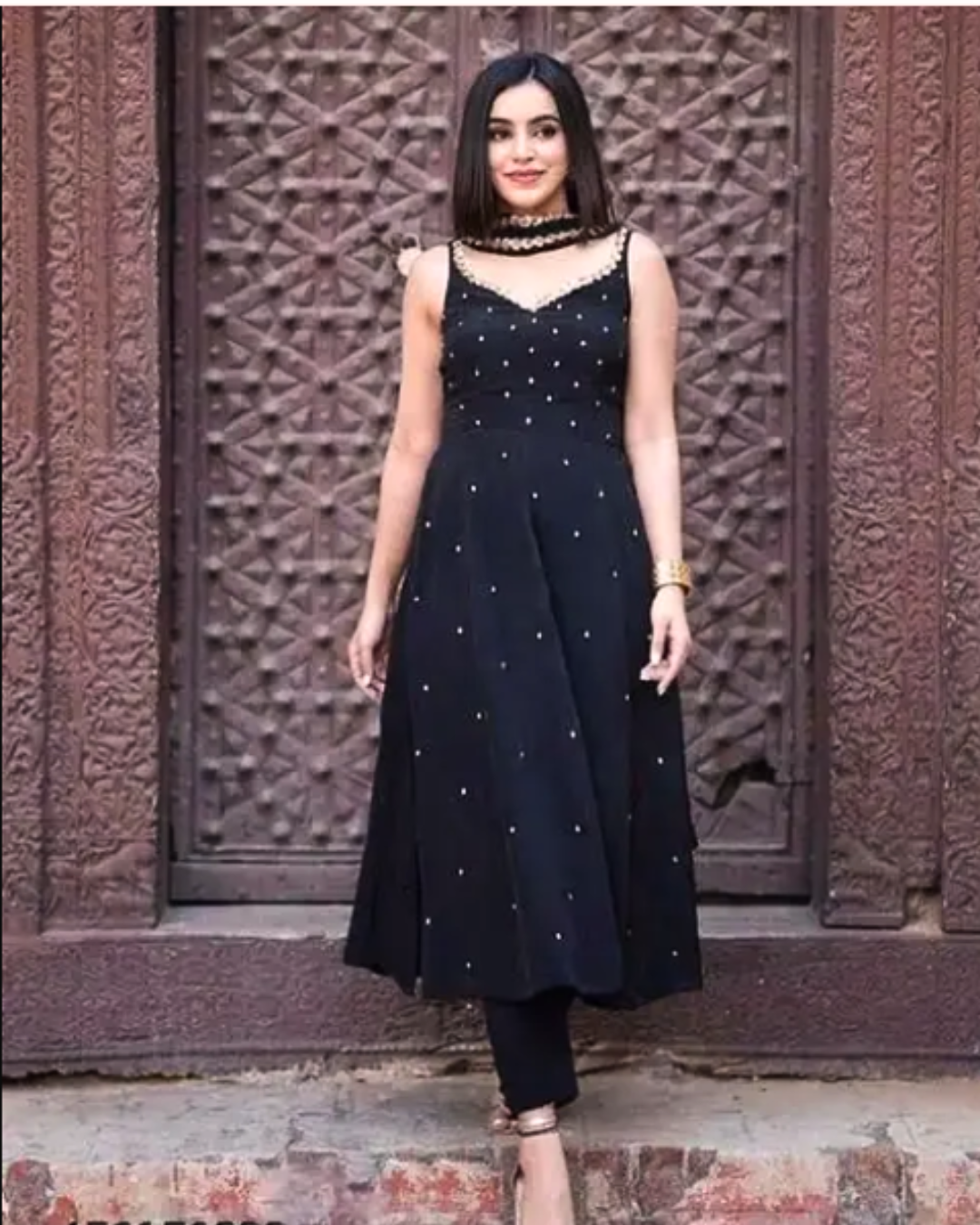 Women's Classic Black Embellished Anarkali Kurta Set with Churidar Pants & Dupatta