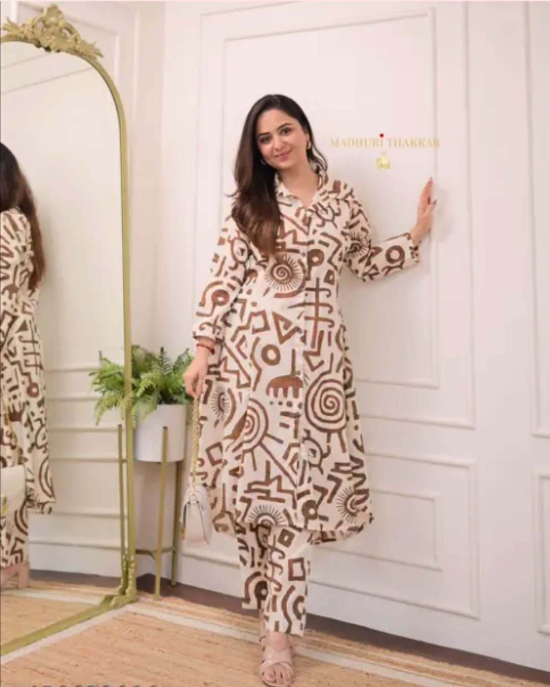 Women's Cream & Brown Abstract Printed Rayon Co-ord Set