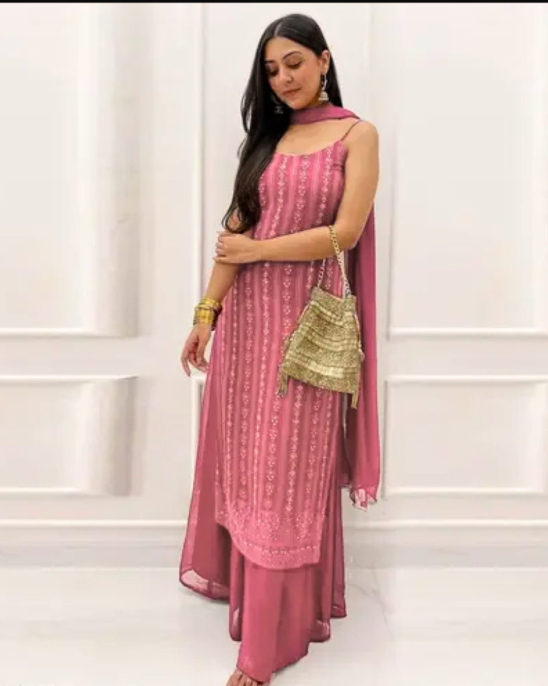 Women's Dusty Rose Embroidered Sleeveless Kurta Set with Dupatta