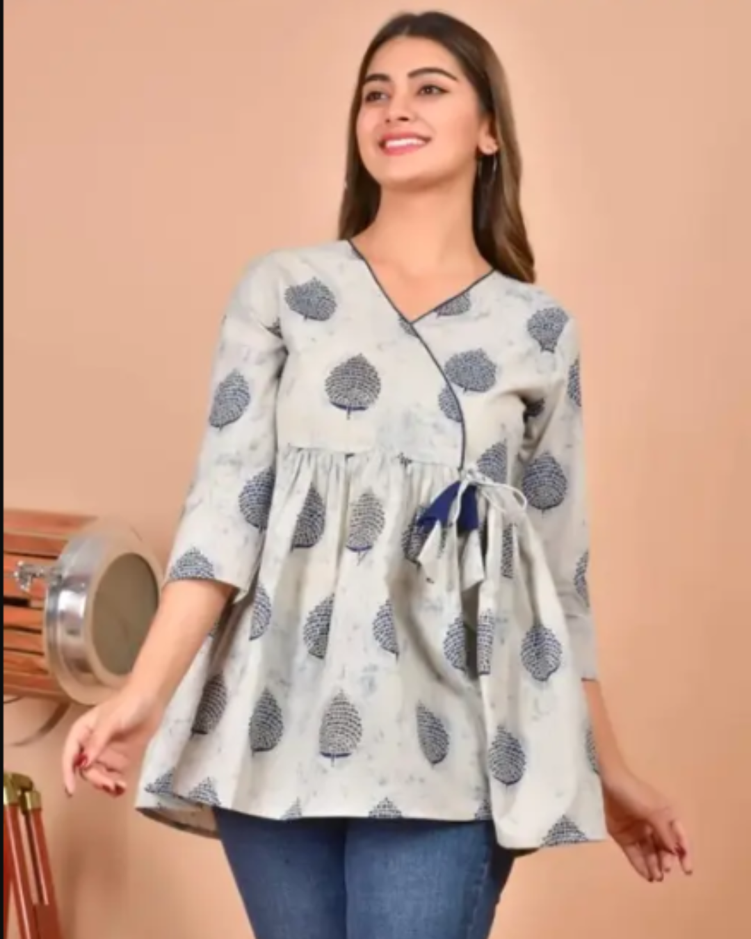 Women's Grey & Navy Blue Leaf Print Cotton Short Kurti – Wrap Style with Side Tie