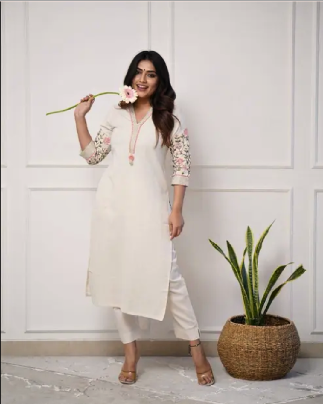 Women's Ivory Embroidered Cotton Kurta Set