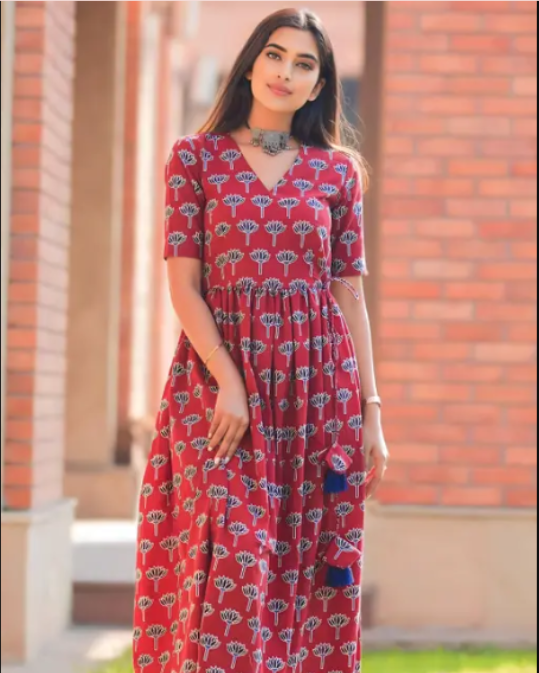 Women's Maroon Floral Printed Fit & Flare Cotton Gown