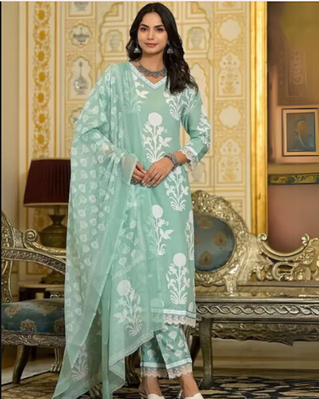 Women's Mint Green Embroidered Designer Kurta Set with Dupatta
