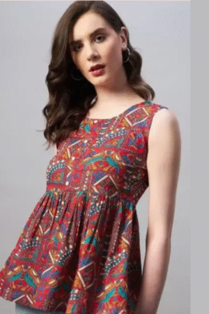 Women's Multicolor Abstract Printed Cotton Sleeveless Short Kurti