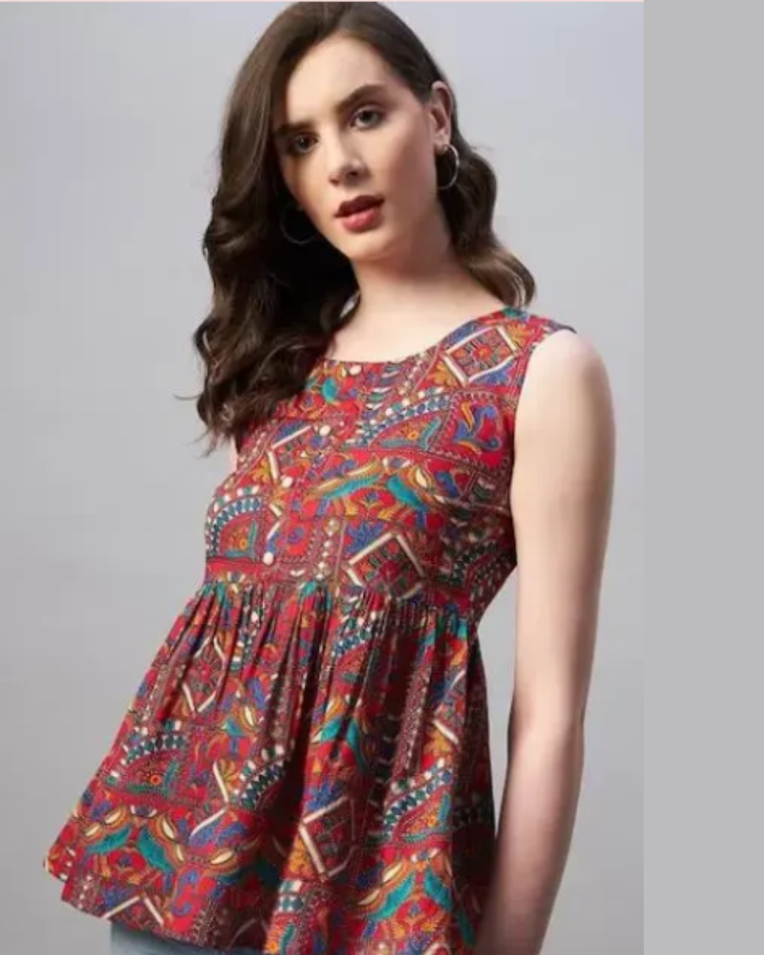 Women's Multicolor Abstract Printed Cotton Sleeveless Short Kurti