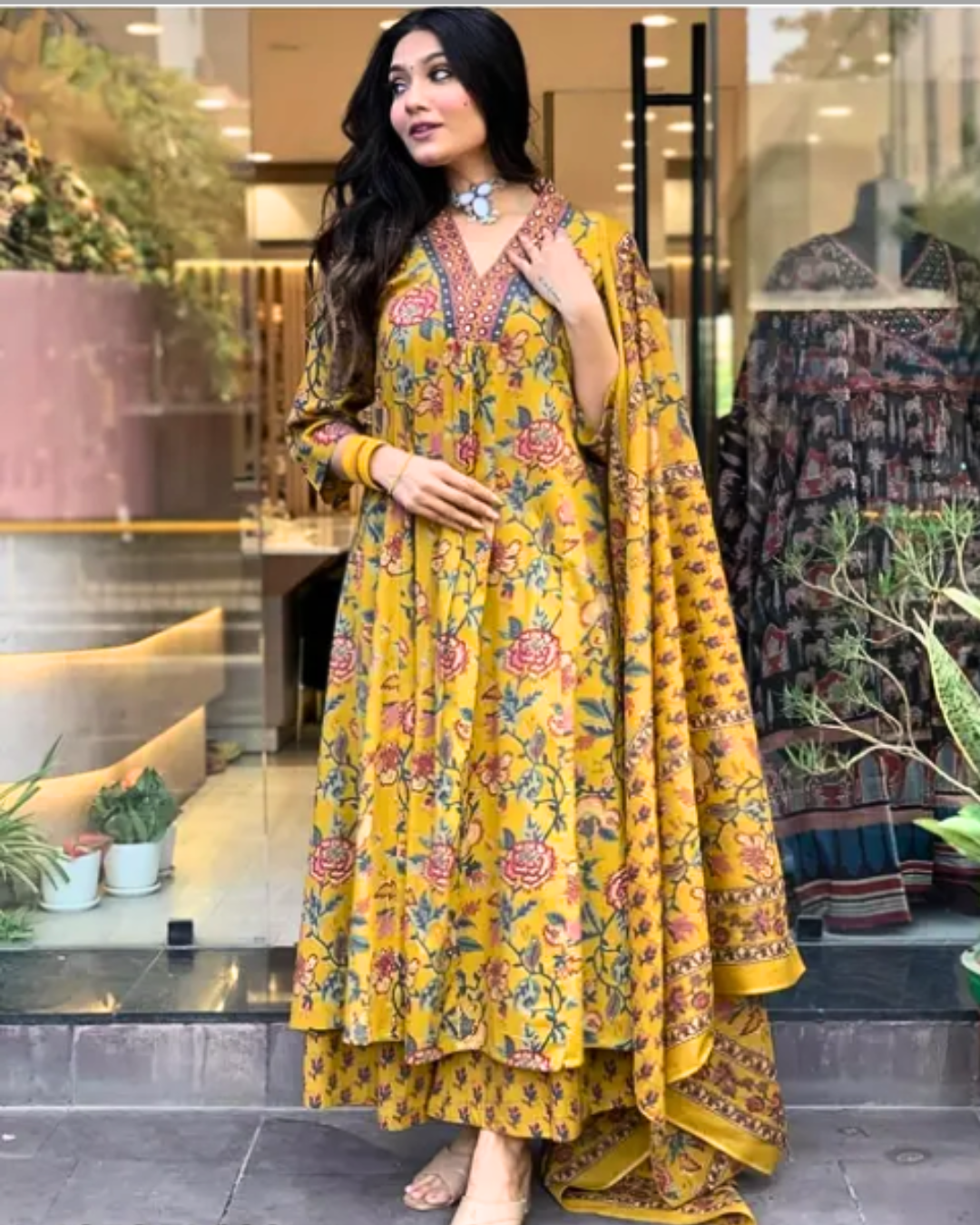 Women's Mustard Yellow Floral Printed Anarkali Kurta Set with Dupatta