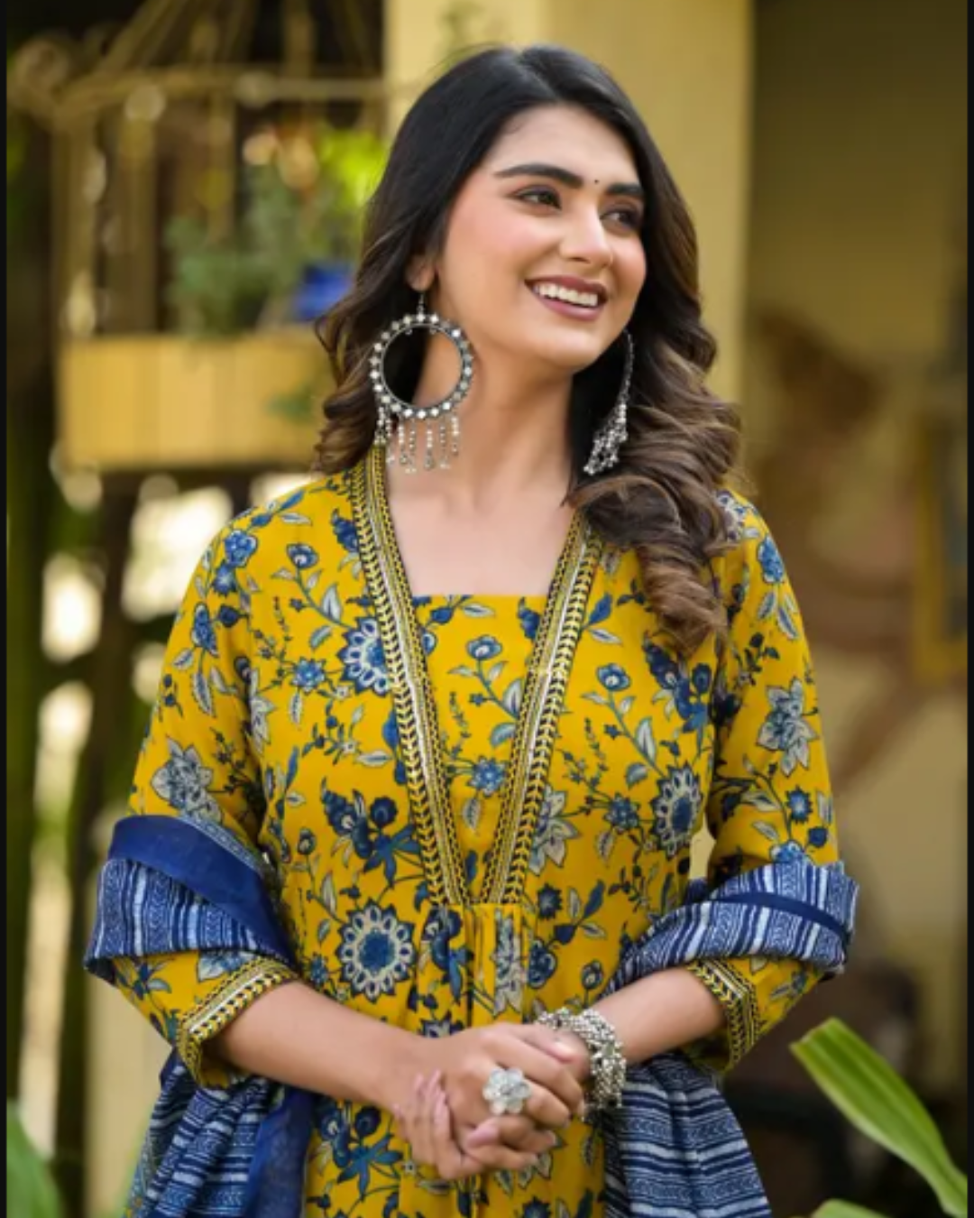 Women's Mustard Yellow Floral Printed Cotton Kurta Set with Dupatta