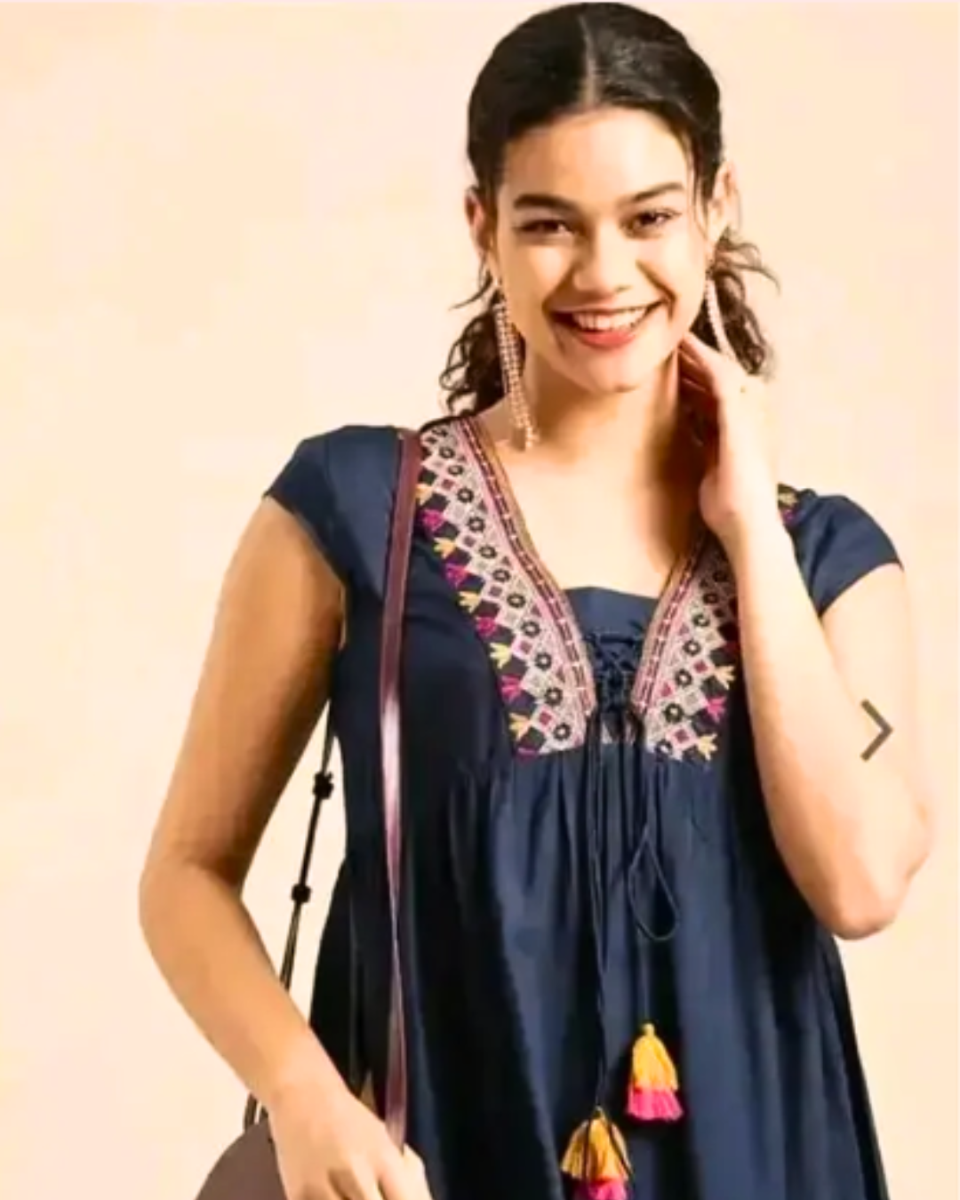 Women's Navy Blue Embroidered Empire-Line Rayon Kurti