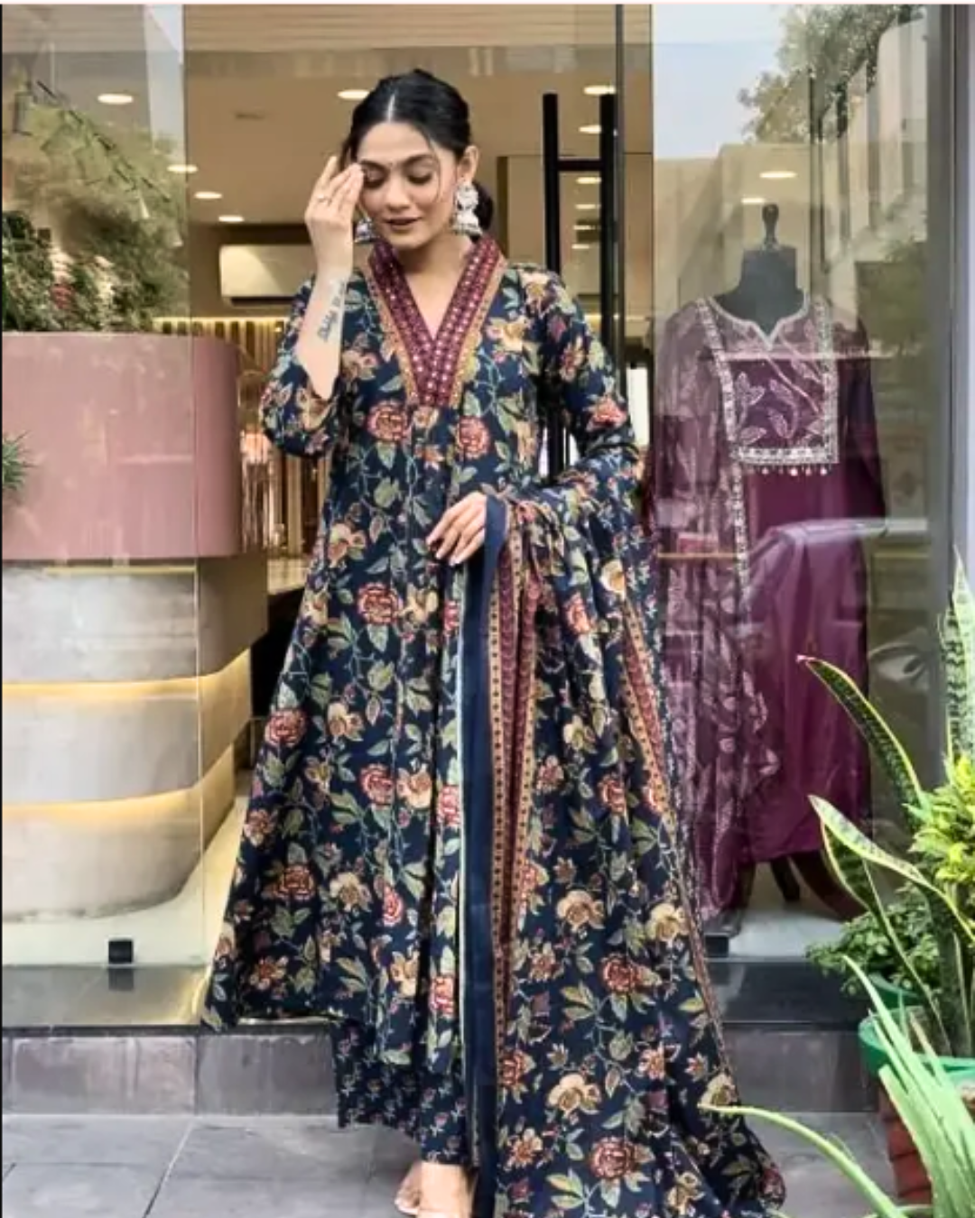 Women's Navy Blue Floral Printed Anarkali Kurta Set with Dupatta