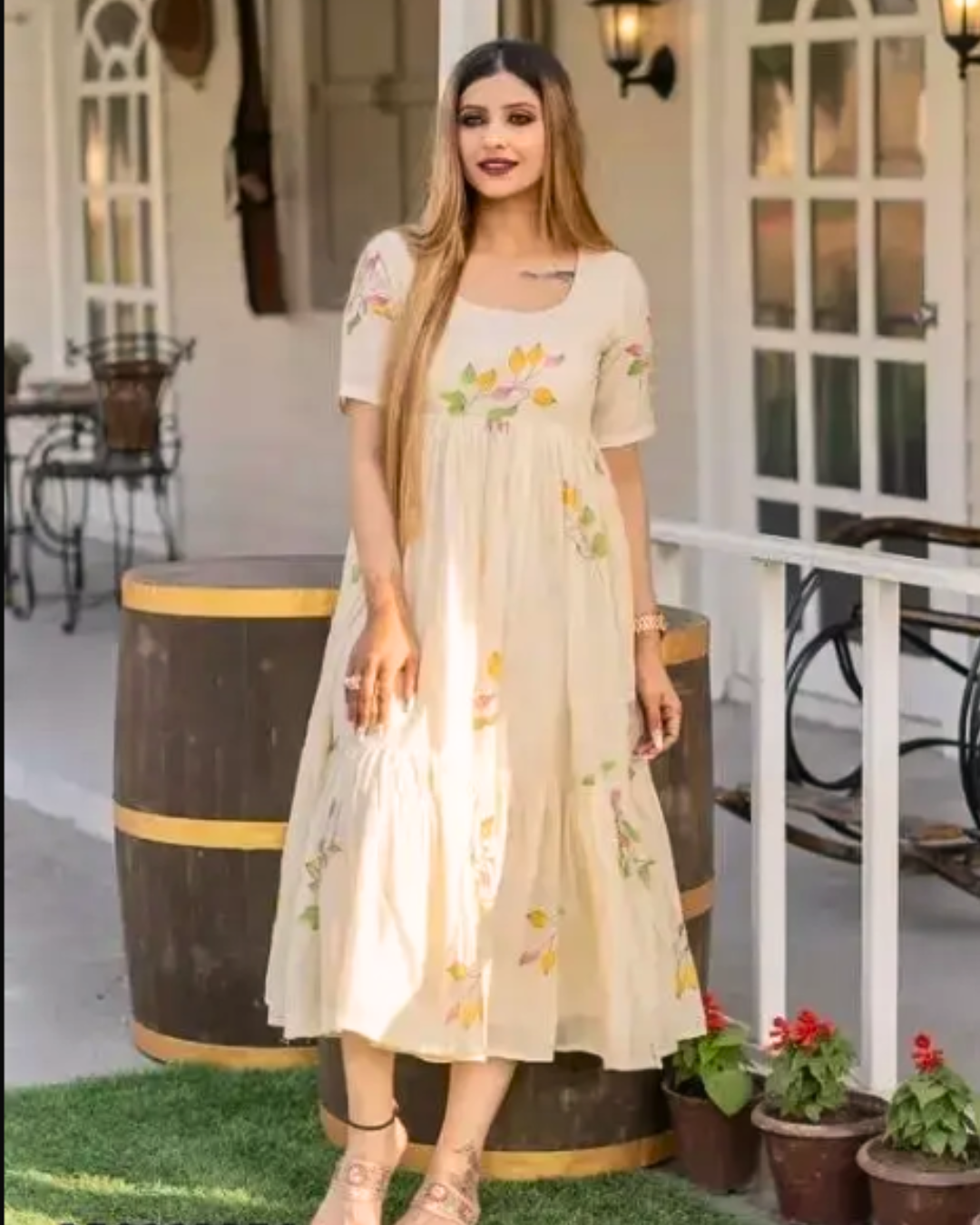 Women's Off-White Floral Embroidered Cotton Gown