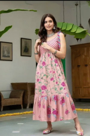 Women's Pink Floral Printed Sleeveless Designer Gown