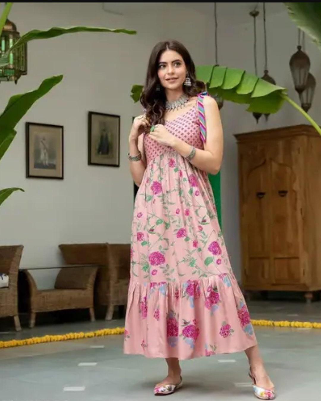 Women's Pink Floral Printed Sleeveless Designer Gown