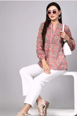Women's Pink Printed Cotton Short Kurti with Boho Vibes