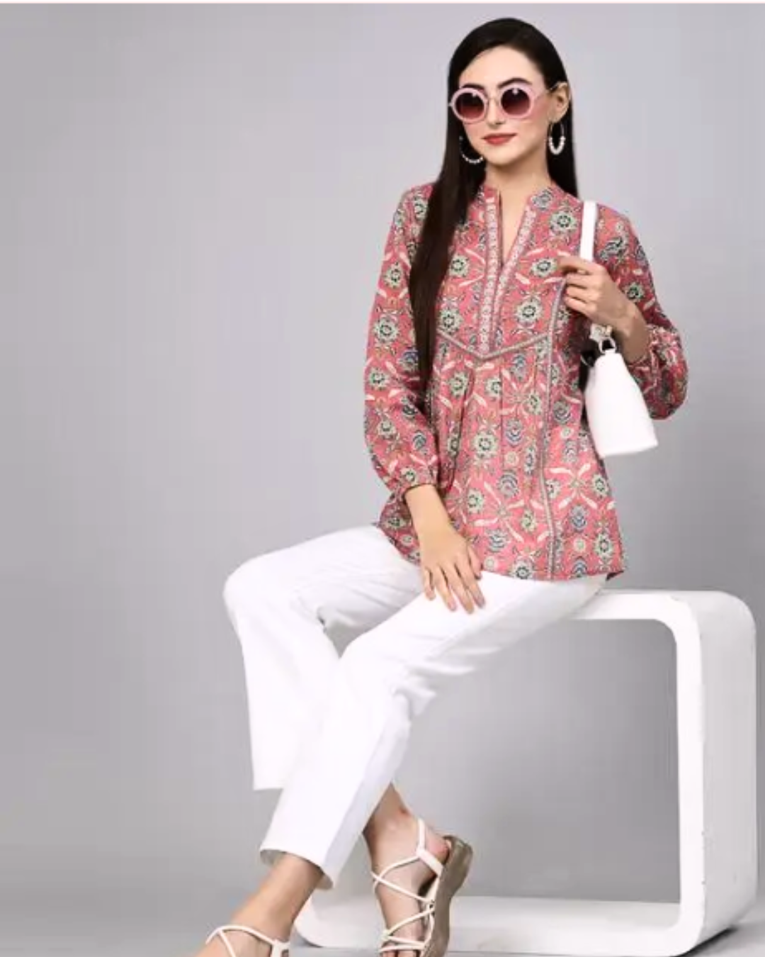 Women's Pink Printed Cotton Short Kurti with Boho Vibes