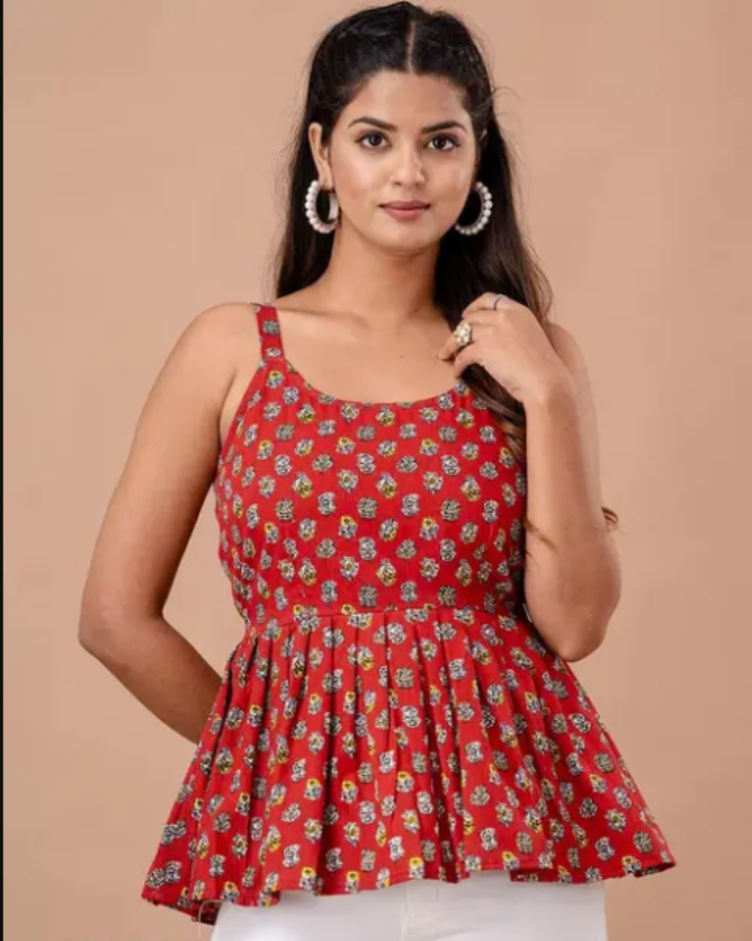 Women's Red Floral Printed Cotton Sleeveless Short Kurti