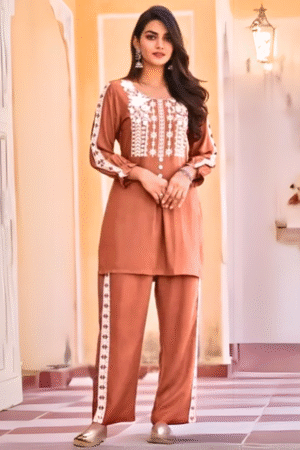 Women's Rust Brown Embroidered Rayon Co-ord Set
