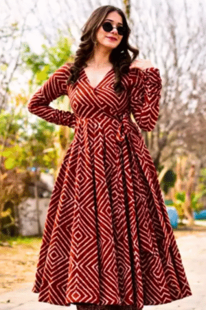 Women's Rust Red Geometric Printed Rayon Gown with Pant Set