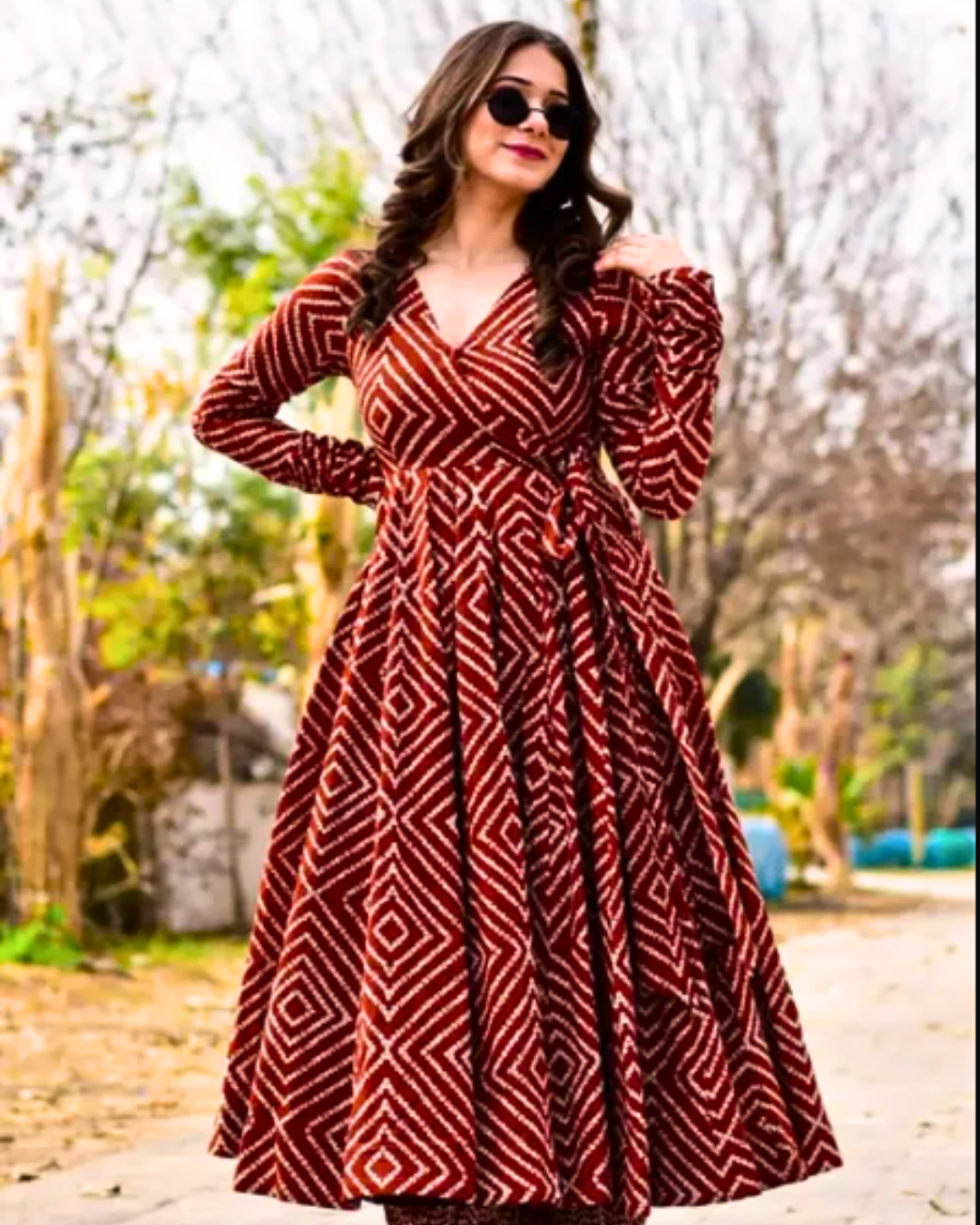 Women's Rust Red Geometric Printed Rayon Gown with Pant Set
