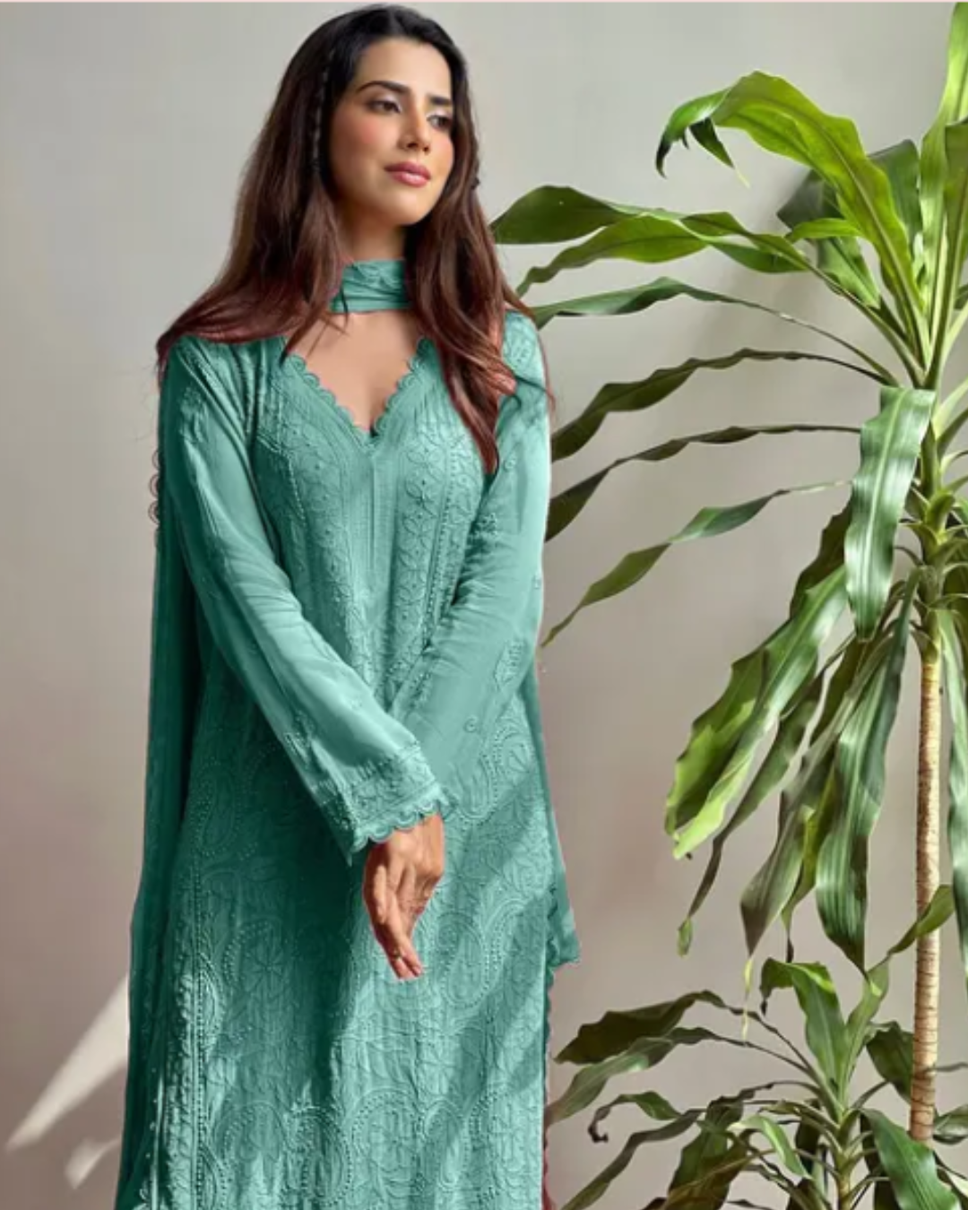 Women's Teal Green Chikankari Embroidered Salwar Suit Set