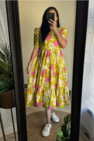 Women's Yellow & Pink Floral Printed Fit & Flare Cotton Gown