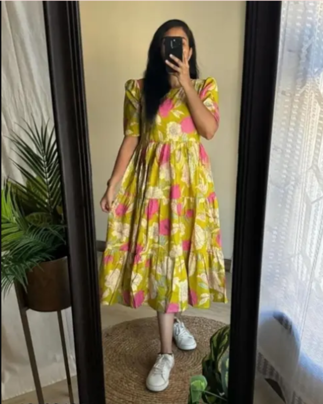 Women's Yellow & Pink Floral Printed Fit & Flare Cotton Gown