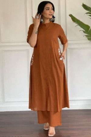 Women's Rust Brown Solid Cotton Kurta & Palazzo Set – Shirt-Style Kurta with Side Embroidery