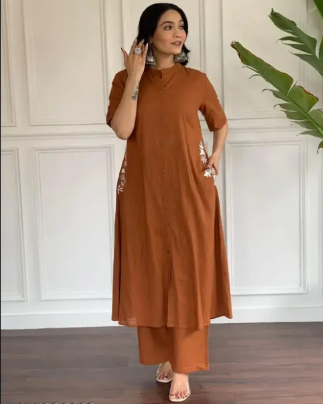 Women's Rust Brown Solid Cotton Kurta & Palazzo Set – Shirt-Style Kurta with Side Embroidery